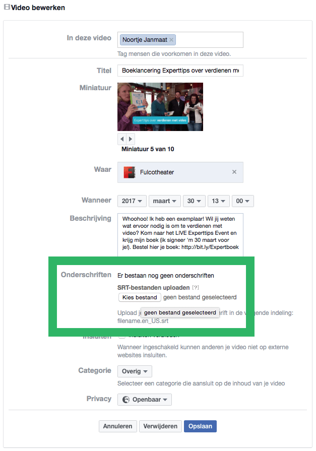 Ondertiteling toevoegen aan je Facebook video via je persoonlijke profiel stap 3