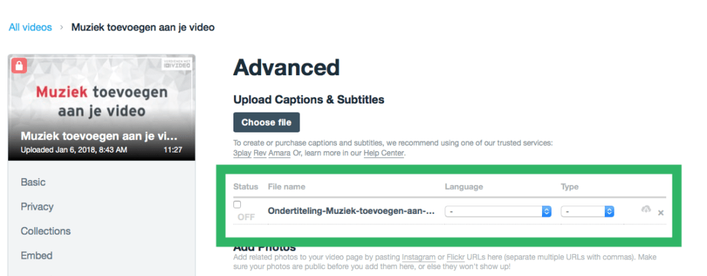 Ondertiteling toevoegen aan Vimeo video stap 3