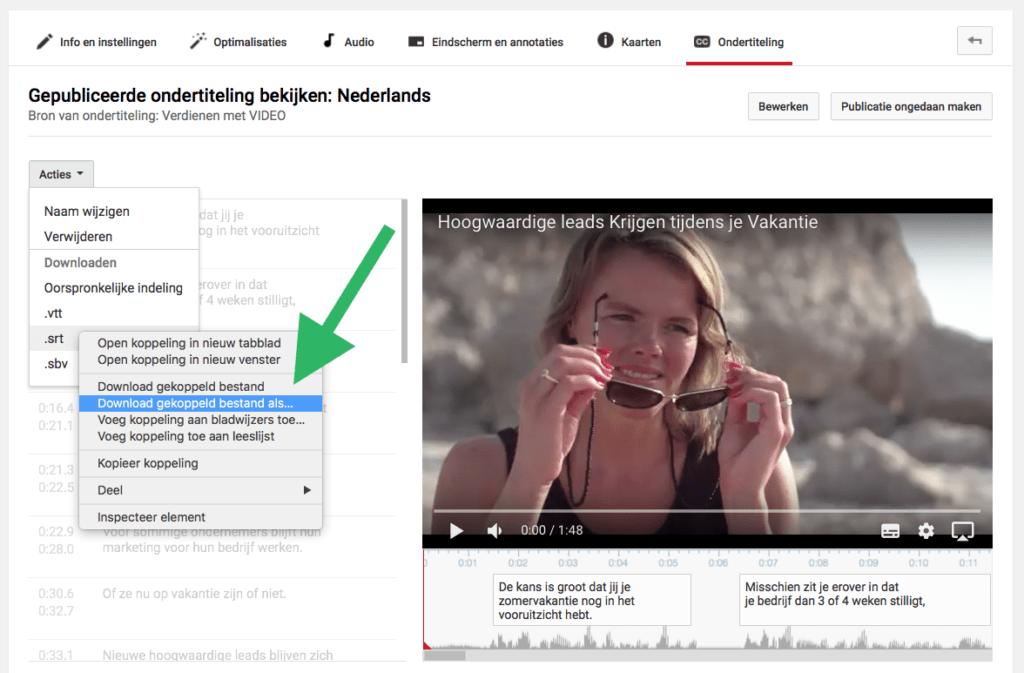 Ondertiteling YouTube video srt bestand downloaden