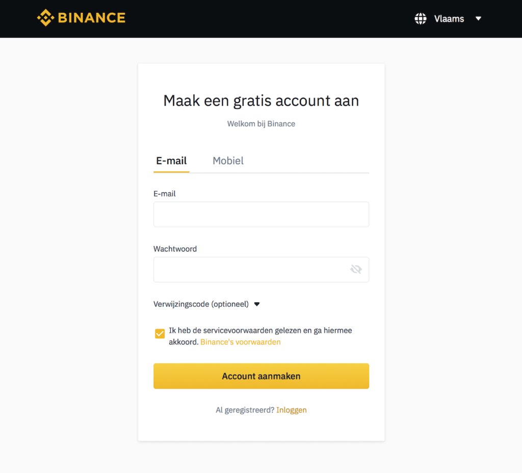 Binance Account Maken stap 1