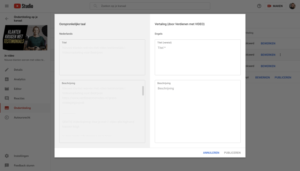 Video vertalen metadata toevoegen YouTube video